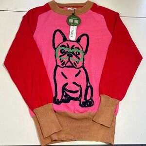 OXKNIT NWT Womens M Pink Bulldog Graphic Sweater Red Raglan Sleeves Cotton